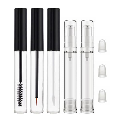 Hebterrka 3 Stück 10ml Transparente Mascara Tuben mit Stab, Leere Eyeliner Tuben und Lipgloss Tuben, 2 Stück 10ml Airless Pumpflaschen (5er Pack) von Hebterrka