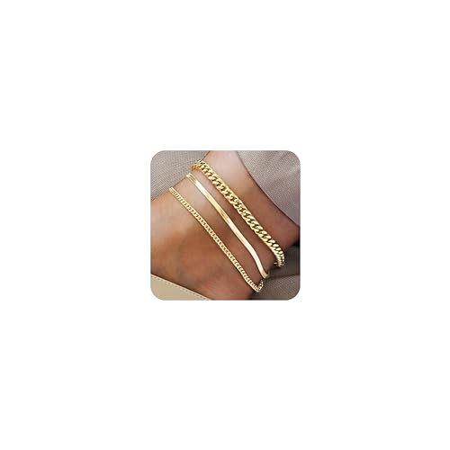 Hebterrka 3 Stück Gold Ankle Bracelets Set für Frauen - 14K Goldvergoldete Schichtkettchen, Wasserfest, Anpassbare Größe, Geschenk von Hebterrka