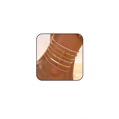 Hebterrka 5 Stück Gold Ankle Bracelets Set für Frauen Wasserfest, 14K Goldvergoldete Anklets mit Kubanerkette, Schichtung, Geschenk（Stil 2） von Hebterrka
