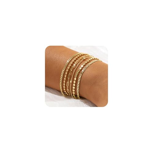 Hebterrka Armband Damen Gold 6 Stück Set, 14K Goldgefüllte Schmuck Armbänder Mit Verstellbarer Länge, Elegante Armkette Für Damen Zum Stacken Oder Alleine Tragen von Hebterrka