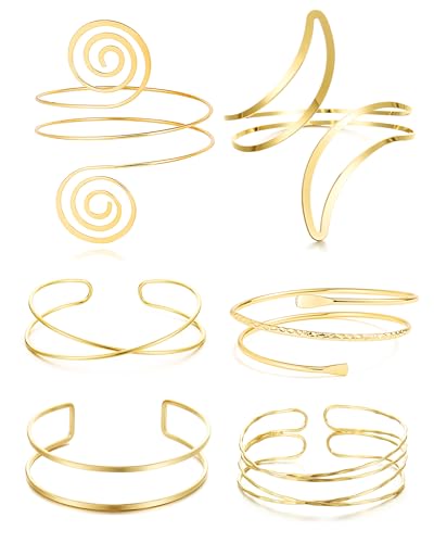 Hebterrka Armreif Set Gold 6 Stück, Verstellbare Goldene Oberarmreifen aus 14K Vergoldet, Vielseitiger Schmuck für Damen Für Hochzeit und Party von Hebterrka