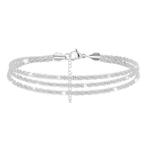 Hebterrka Damen Fußkettchen, Funkelnde Mehrschichtige Fußkettchen, Verstellbare Glänzende Gold/Silber Fußkettchen, Strand Süße Fußkettchen Schmuck für Sommer von Hebterrka