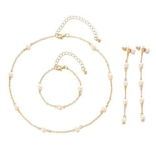 Hebterrka Frauen Perlen Choker Set Vergoldet,Perlen Tropfenohrringe,Perlen Choker Halsketten Armband,Verstellbar Armband Tropfenohrring,Hochzeits Schmuck von Hebterrka