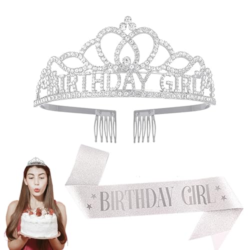 Hebterrka Geburtstagskrone Tiara mit Schärpe für Frauen, Mädchen Geburtstag Mädchen Schärpe & Strass Tiara Sets, Geburtstag Schärpe und Tiara Stirnband (Silber) von Hebterrka