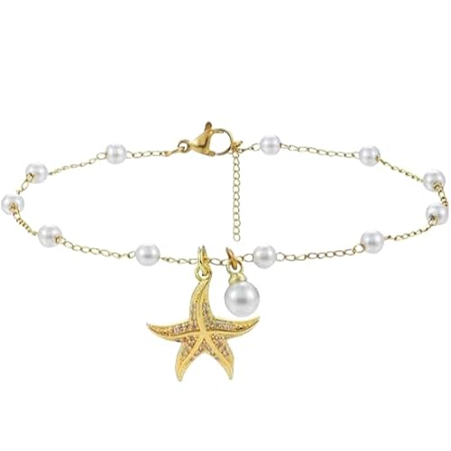 Hebterrka Gold Perle Seestern Fußkettchen Armband, 18K Gold Edelstahl Hawaiianisches Fußkettchen für Frauen Hebterrka Gold Perle Seestern Fußkettchen Armband, 18K Gold Edelstahl Hawaiianisches Fußkettchen für Frauen von Hebterrka