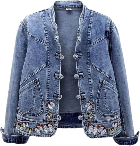 Blaue Lässige Vintage Jeansjacke Mit Knopfstickerei Und Langen Ärmeln Für Damen Vielseitige Jacke Mit Weichen Taschen Für Frühling Und Herbst (Blau,3XL) von Hecatombic