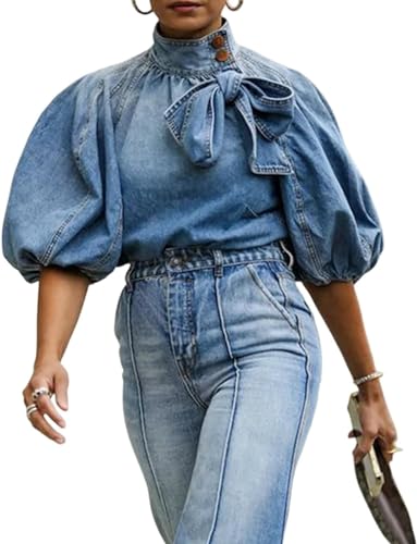 Damen Bowknot Kragen Design Jeans Pullover Top Büro Stil Formal Anlass Oben Knopf mit hohem Hals Mode Jacke Bubble Ärmel T-Shirt Lose Top (Blau,S) von Hecatombic