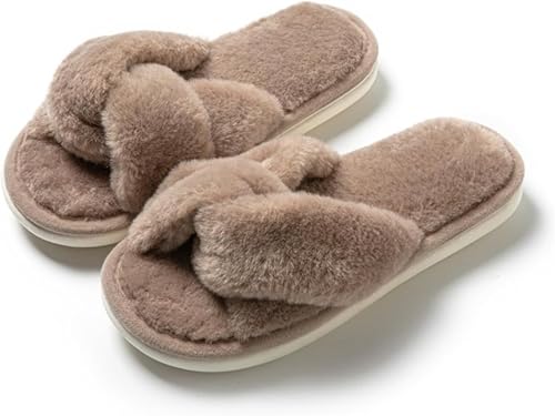 Damen Hausschuhe mit offener Zehenpartie flauschig süß warm für Herbst und Winter Modisch lässig bequem vielseitig rutschfest (Kaffee,36-37) von Hecatombic