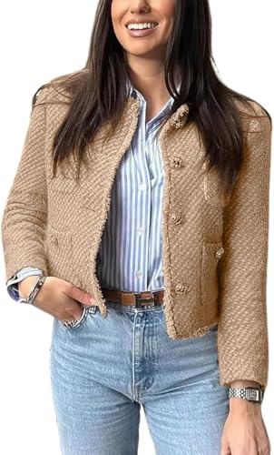 Damen Herbst Business Casual Tweed Jacke Knopf Quaste Büro Arbeitskleidung Jacke einreihig Langarm Blazer mit Taschen (Khaki,M) von Hecatombic