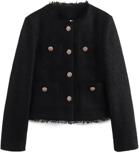 Damen Herbst Business Casual Tweed Jacke Knopf Quaste Büro Arbeitskleidung Jacke einreihig Langarm Blazer mit Taschen (Schwarz,M) von Hecatombic