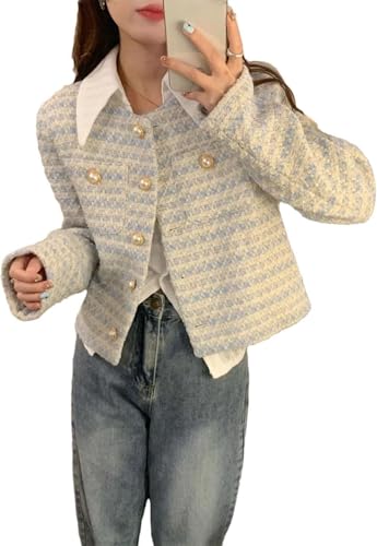 Damen Herbst Business Casual Tweed Jacke Kurz Elegant Langarm Jacke Button Down Business Casual Drawstring Anzug Jacke (blau,S) von Hecatombic