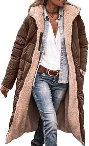 Damen Herbst Und Winter Lange Gepolsterte Verdickte Warme Winddichte Puffermantel Reversible Oversized Mit Taschen Reißverschluss Kapuzenjacke (Braun,XL) von Hecatombic