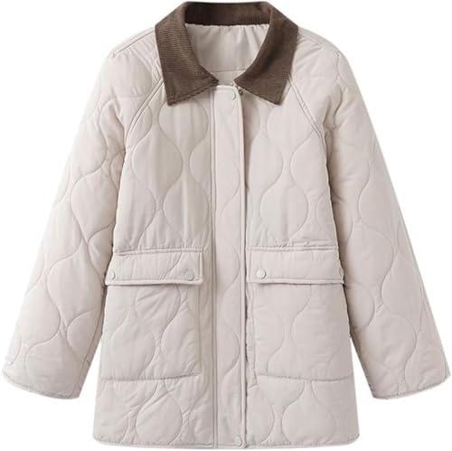 Damen Herbst Und Winter Leichte Warme Steppjacke Clashing Revers Lässig Vielseitig Bequem Winddicht Langarm Baumwollmantel (Beige,S) von Hecatombic