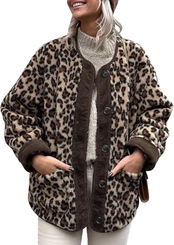 Damen Herbst Und Winter Leopard Print Cord Spleißen Langarm Jacke Lässig Mode Mit Taschen Lose Rundhalsausschnitt Plüsch Jacke (Leopardenmuster,S) von Hecatombic