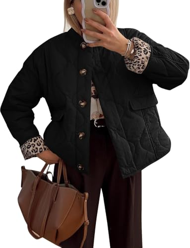 Damen Herbst Und Winter Leopard Print Futter Steppjacke Kragenlos Einreihig Slim Fit Leichte Lässige Langarmjacke (Schwarz,L) von Hecatombic