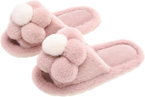 Damen Herbst Und Winter Plüsch Niedlich Offene Zehe Flauschig Warm Floral Dekoriert Hausschuhe Bequem Süß Niedlich Innen Rutschfest Hausschuhe (Rosa,40-41) von Hecatombic