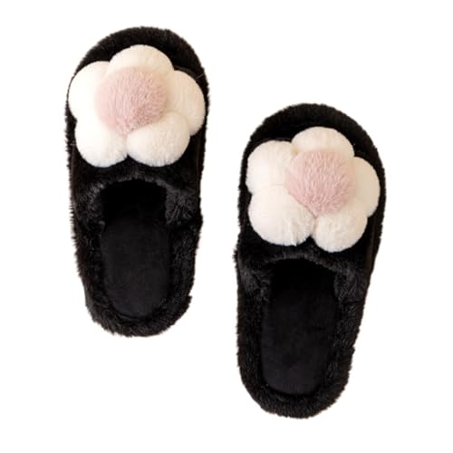 Damen Herbst Und Winter Plüsch Niedlich Offene Zehe Flauschig Warm Floral Dekoriert Hausschuhe Bequem Süß Niedlich Innen Rutschfest Hausschuhe (Schwarz,36-37) von Hecatombic