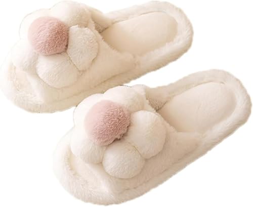 Damen Herbst Und Winter Plüsch Niedlich Offene Zehe Flauschig Warm Floral Dekoriert Hausschuhe Bequem Süß Niedlich Innen Rutschfest Hausschuhe (Weiß,40-41) von Hecatombic