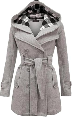Damen Herbst Winter Übergröße Langarm Knopf Winddicht Warmer Mantel Outdoor Kariert Zweireiher mit Gürtel Kapuzen Windbreaker (Hellgrau,M) von Hecatombic
