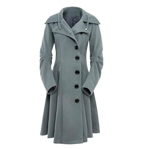 Damen Herbst und Winter Gothic Punk Winddicht Warm Hooded Tweed Mantel Vintage Viktorianisch Einreihig Lang Stand Kragen Trenchcoat Oberbekleidung (Grau,L) von Hecatombic