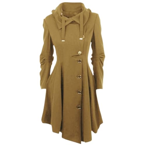 Damen Herbst und Winter Gothic Punk Winddicht Warm Hooded Tweed Mantel Vintage Viktorianisch Einreihig Lang Stand Kragen Trenchcoat Oberbekleidung (Kamel,M) von Hecatombic