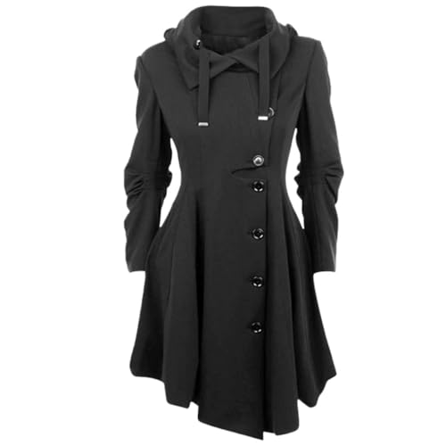 Damen Herbst und Winter Gothic Punk Winddicht Warm Hooded Tweed Mantel Vintage Viktorianisch Einreihig Lang Stand Kragen Trenchcoat Oberbekleidung (Schwarz,L) von Hecatombic