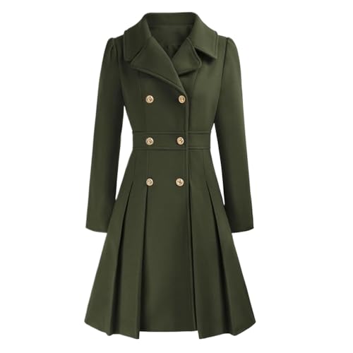 Damen Herbst und Winter Revers Zweireiher A-Linie Warme Jacke mit Taschen Klassischer Einfarbiger Mittellanger Winddichter Trenchcoat (Armeegrün,M) von Hecatombic