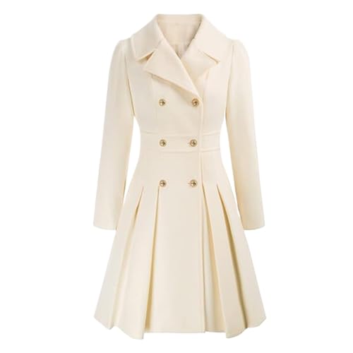 Damen Herbst und Winter Revers Zweireiher A-Linie Warme Jacke mit Taschen Klassischer Einfarbiger Mittellanger Winddichter Trenchcoat (Beige,S) von Hecatombic