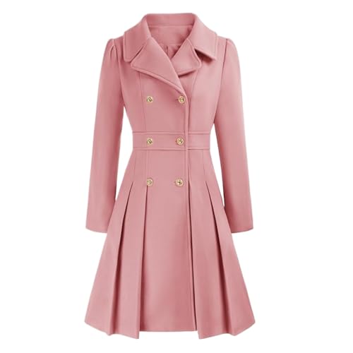 Damen Herbst und Winter Revers Zweireiher A-Linie Warme Jacke mit Taschen Klassischer Einfarbiger Mittellanger Winddichter Trenchcoat (Rosa,L) von Hecatombic