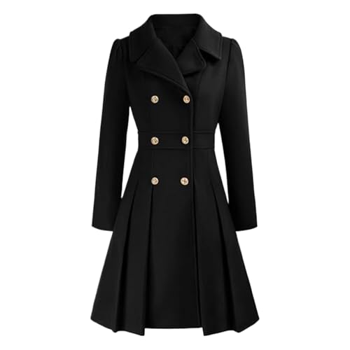 Damen Herbst und Winter Revers Zweireiher A-Linie Warme Jacke mit Taschen Klassischer Einfarbiger Mittellanger Winddichter Trenchcoat (Schwarz,S) von Hecatombic