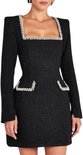 Damen Herbst und Winter Tweed Minikleid Elegant Schmaler Quadratischer Ausschnitt Langarm Hohe Taille A-Linie Abendparty Einteiliges Schlankes Kurzes Kleid (Schwarz,XL) von Hecatombic