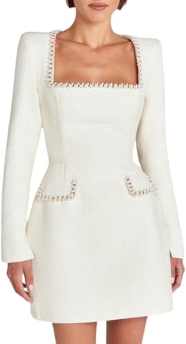 Damen Herbst und Winter Tweed Minikleid Elegant Schmaler Quadratischer Ausschnitt Langarm Hohe Taille A-Linie Abendparty Einteiliges Schlankes Kurzes Kleid (Weiß,M) von Hecatombic