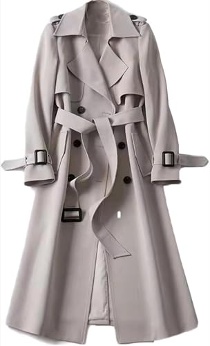 Damen Herbst und Winter Weicher Winddichter Zweireiher Trenchcoat Klassischer Langer Einfarbiger Revers mit Taschen Trenchcoat (Beige,S) von Hecatombic