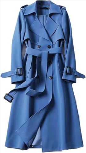 Damen Herbst und Winter Weicher Winddichter Zweireiher Trenchcoat Klassischer Langer Einfarbiger Revers mit Taschen Trenchcoat (Blau,XXL) von Hecatombic