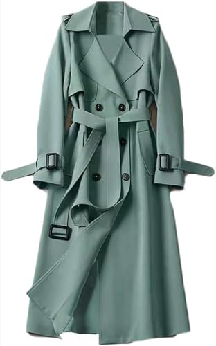 Damen Herbst und Winter Weicher Winddichter Zweireiher Trenchcoat Klassischer Langer Einfarbiger Revers mit Taschen Trenchcoat (Grün,M) von Hecatombic