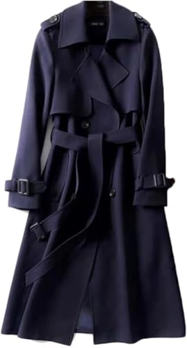 Damen Herbst und Winter Weicher Winddichter Zweireiher Trenchcoat Klassischer Langer Einfarbiger Revers mit Taschen Trenchcoat (Marineblau,M) von Hecatombic