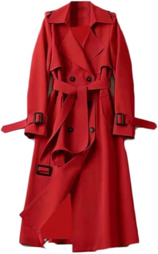 Damen Herbst und Winter Weicher Winddichter Zweireiher Trenchcoat Klassischer Langer Einfarbiger Revers mit Taschen Trenchcoat (Rot,M) von Hecatombic