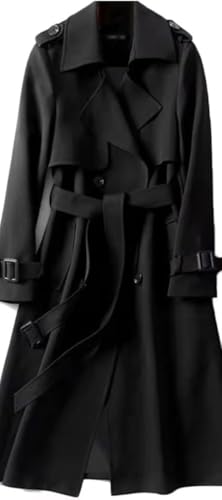 Damen Herbst und Winter Weicher Winddichter Zweireiher Trenchcoat Klassischer Langer Einfarbiger Revers mit Taschen Trenchcoat (Schwarz,S) von Hecatombic