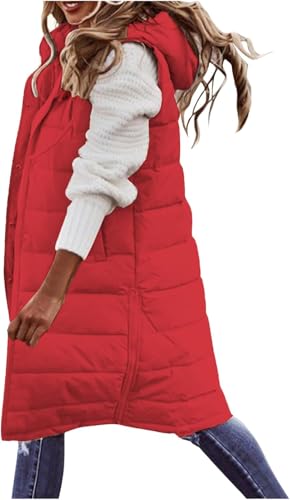 Damen Lange Pufferweste Daunenmäntel Ärmellose Kapuzenpullis Lose Beiläufige Dicke Warme Verdickte Herbst Winter Jacken (Rot,M) von Hecatombic