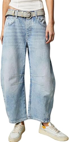 Damen Mid Waist Barrel Jeans Vintage Loose Wide Leg Jeans Modische Boyfriend Jeans Damen Knöchelhosen Trendy High Waist Wide Leg Pants (Hellblau,S) von Hecatombic