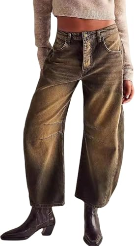 Damen Mid Waist Barrel Jeans Vintage Loose Wide Leg Jeans Modische Boyfriend Jeans Damen Knöchelhosen Trendy High Waist Wide Leg Pants (Karamell,M) von Hecatombic