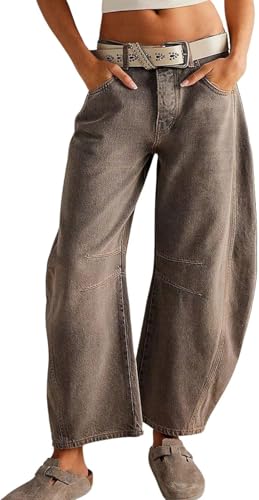 Damen Mid Waist Barrel Jeans Vintage Loose Wide Leg Jeans Modische Boyfriend Jeans Damen Knöchelhosen Trendy High Waist Wide Leg Pants (Khaki,M) von Hecatombic