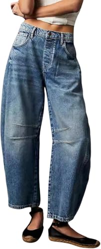 Damen Mid Waist Barrel Jeans Vintage Loose Wide Leg Jeans Modische Boyfriend Jeans Damen Knöchelhosen Trendy High Waist Wide Leg Pants (dunkelblau,S) von Hecatombic