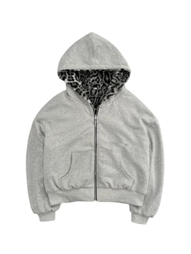 Damen Retro Hoodie Mit Leopardenmuster Und Reißverschluss Y2K Frühlings Und Herbst Mode Im Street Trend Lässiger Lockerer Langarm Hoodie (Grau,L) von Hecatombic