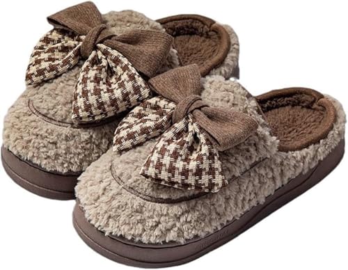 Damen Retro Plaid Bogen Dekoration Weiche Warme Pelzige Schlafzimmer Hausschuhe Herbst Und Winter Verdickt Bequeme Hausschuhe (Braun,38-39) von Hecatombic