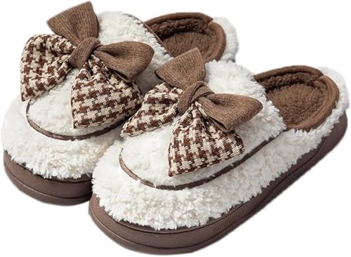 Damen Retro Plaid Bogen Dekoration Weiche Warme Pelzige Schlafzimmer Hausschuhe Herbst Und Winter Verdickt Bequeme Hausschuhe (Weiß,40-41) von Hecatombic