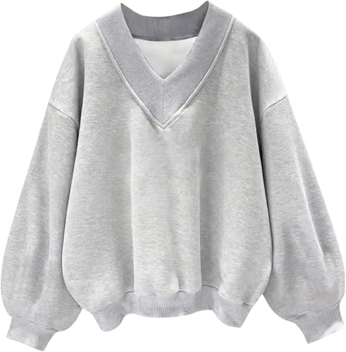 Damen Sweatshirt Locker Lässig Langarm V-Ausschnitt Sweatshirt Überschnittene Schultern Sweatshirt Pullover Top Herbst Neuer Trend Leichtes Lässiges Sweatshirt (Grau,S) von Hecatombic