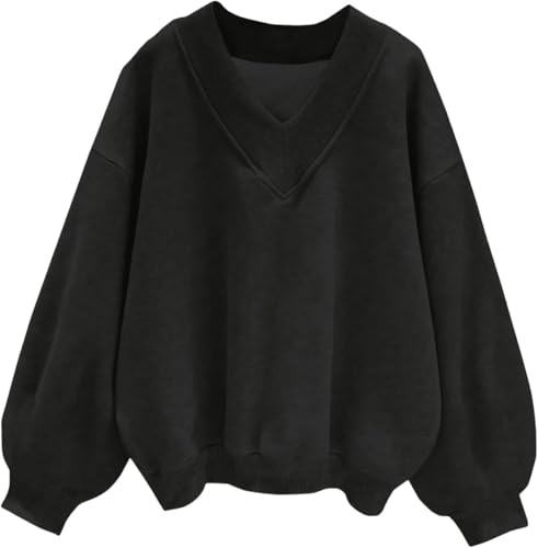 Damen Sweatshirt Locker Lässig Langarm V-Ausschnitt Sweatshirt Überschnittene Schultern Sweatshirt Pullover Top Herbst Neuer Trend Leichtes Lässiges Sweatshirt (Schwarz,M) von Hecatombic