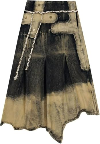 Damen Tie-Dye Gothic Denim Halbrock Heavy Work A-Linie Unregelmäßiger Halbrock Kawaii Patchwork Denim Halbrock Raw Edge Denim Langer Rock (Blau,3XL) von Hecatombic
