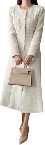 Damen Tweed Einreihiges Kleid Eleganter Rundhalsausschnitt Langarm Blazer Rock Damen Mode Business Party Solide Farbe Formales Kleid (Weiß,S) von Hecatombic